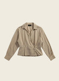 A beige long-sleeve wrap blouse with a pointed collar and a peplum waist, laid flat on a white background.