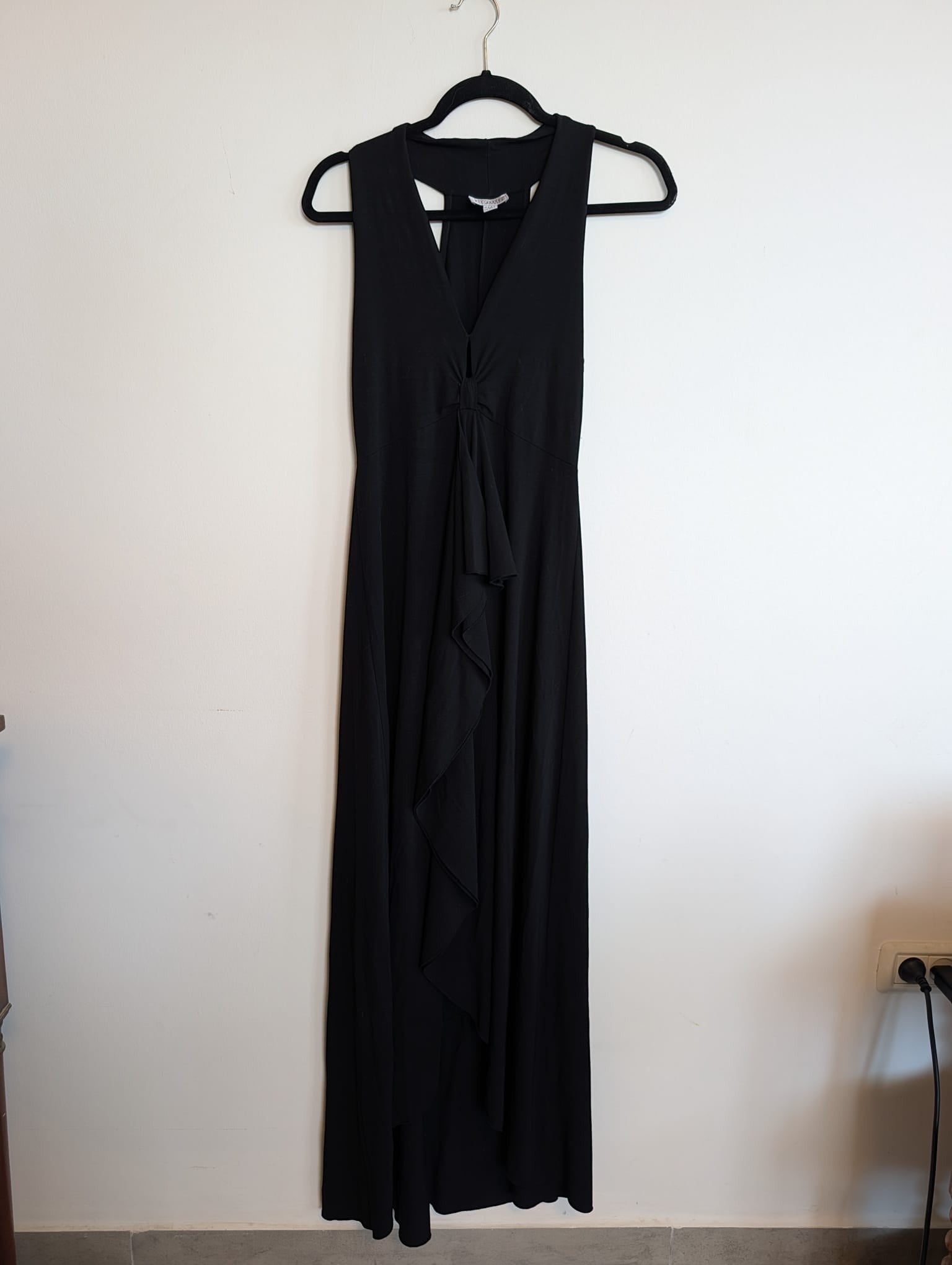 Nu-Nv Clothing vintage black Gianfranco Ferre Studio sleeveless V-neck evening gown with front knot and ruffle detail.