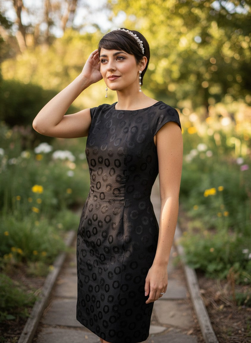 Model wearing a black Nu-Nv Clothing cap sleeve sheath dress with tonal circle jacquard pattern in a garden setting.