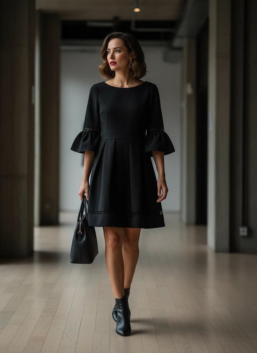 Model wearing Nu-Nv Clothing black A-line mini dress with pleated skirt, bell sleeves, and lace hem in a hallway.