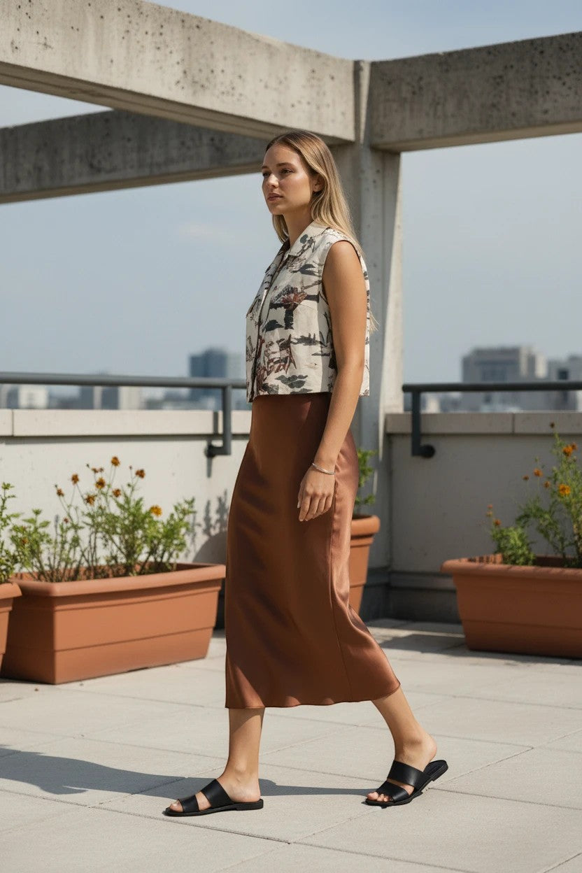 Model wearing a Nu-Nv Clothing brown satin midi skirt with a bias-cut silhouette on a sunny rooftop terrace.