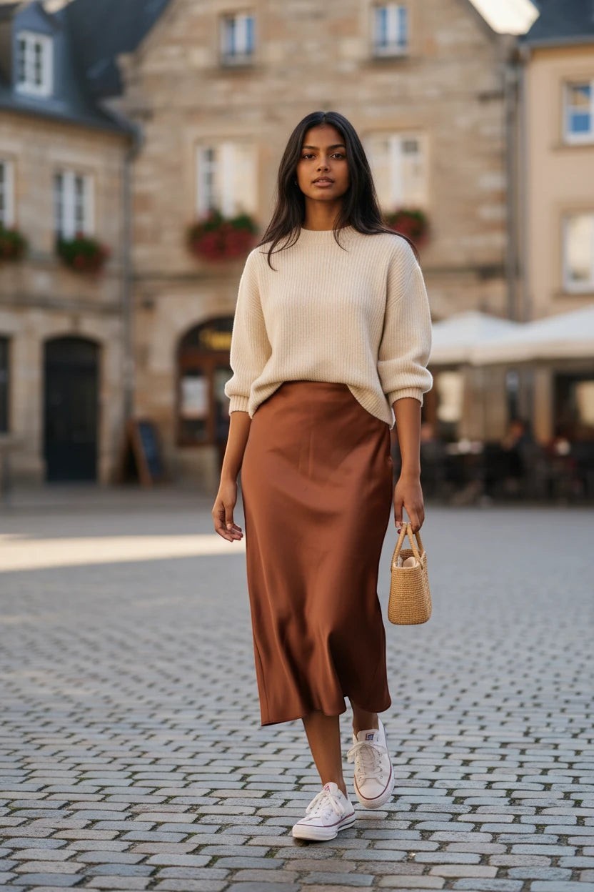 Model wearing a Nu-Nv Clothing brown satin midi skirt with a cream ribbed sweater and white sneakers in a city square.