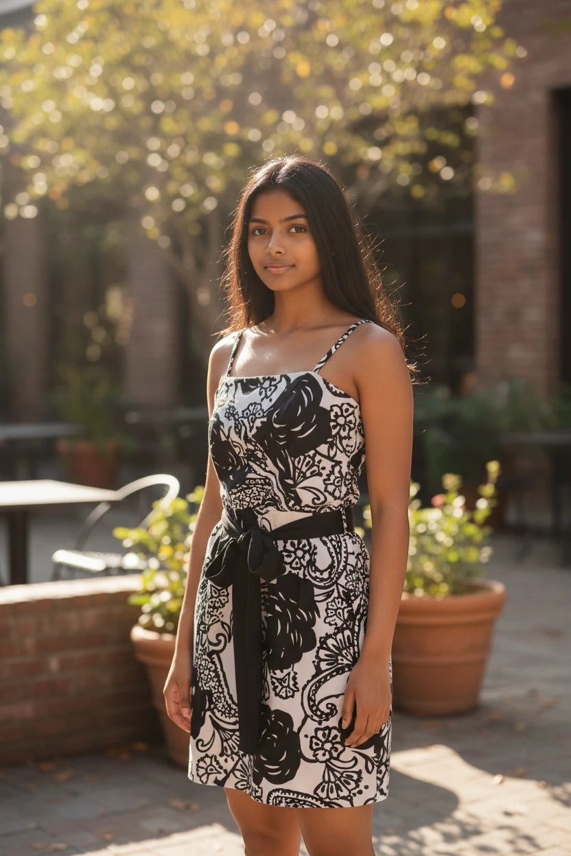Nu-Nv Clothing sleeveless mini dress with black and white floral print, square neckline, and black waist tie.