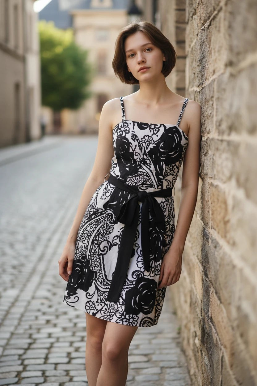 Model wearing a Nu-Nv Clothing black and white floral print mini dress with a square neckline and black waist tie.