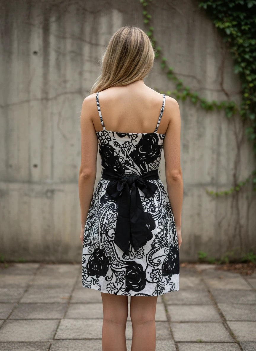 Nu-Nv Clothing sleeveless black and white floral mini dress with a square neckline and a black waist tie bow.
