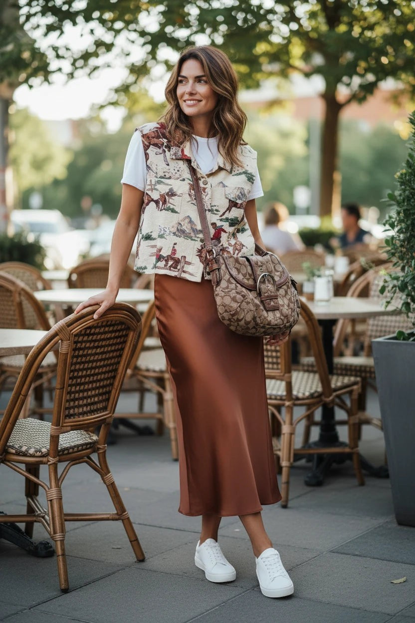 Nu-Nv Clothing cropped western print vest with cowboy scene, worn over a white tee and brown satin midi skirt.