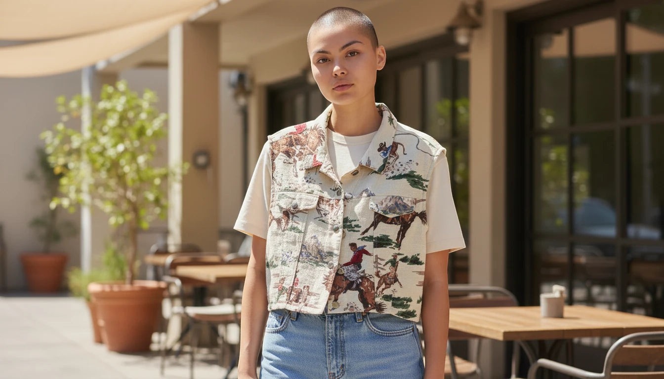 Model wearing a Nu-Nv Clothing cropped western print vest with cowboys and horses over a cream t-shirt outdoors.